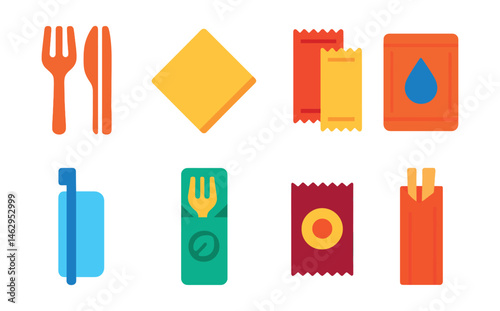 Flat vector icons of utensils and extras in delivery: disposable fork and knife, paper napkin, sauce sachets, moist towelette, wrapped straw, eco utensil pack, sealed spice packet, chopsticks with