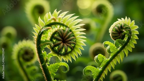 Time-lapse of a fern unfurling in spring. Close-up fiddlehead ferns growing in lush green nature   photo