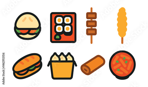 Flat vector icons of Asian street food: bao bun, sushi roll tray, yakitori skewer, tempura on stick, Vietnamese banh mi sandwich, Chinese dumplings in box, Thai spring roll, Korean tteokbokki bowl.