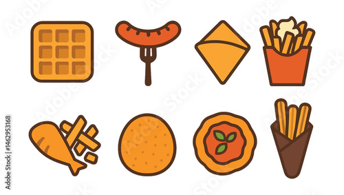 Flat vector icons of European street food: Belgian waffle, German bratwurst, French crepe folded, Dutch fries with mayo, British fish and chips, Italian arancini, Hungarian lángos, Spanish churro