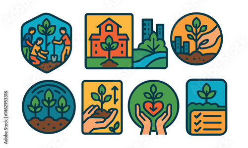 Flat vector icons of tree planting projects: community tree planting badge, school greening project badge, urban reforestation campaign, rewilding nature reserve badge, carbon sequestration tree farm