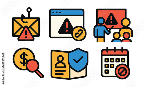 Flat vector icons of phishing and scam prevention: phishing warning email badge, fake website alert icon, suspicious link detection badge, scam awareness workshop icon, financial scam detection badge