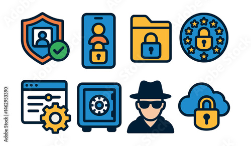 Flat vector icons of personal data protection: identity theft protection badge, personal info encryption app, secure document storage icon, GDPR compliance badge, privacy settings optimization guide,