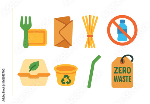 Flat vector icons of eco-friendly street food packaging: compostable fork and tray, kraft paper wrap, bamboo skewer bundle, no plastic icon, plant-fiber burger box, recycled sauce cup, biodegradable