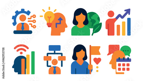 Flat vector icons of future business roles: digital transformation consultant badge, innovation strategist icon, corporate sustainability manager badge, startup advisor badge, future of work