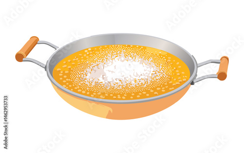 Yellow soup with white powder in a frying pan - vector illustration