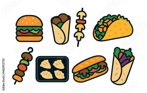 Flat vector icons of vegetarian street food: veggie burger, falafel wrap, grilled veggie skewer, tofu taco, plant-based kebab, vegan dumpling tray, mushroom bánh mì, eggplant wrap.
