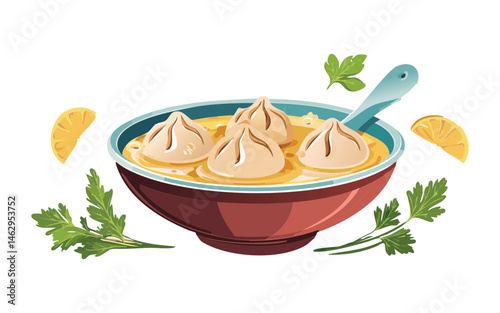 Soup dumplings with a spoon in bowl - vector illustration