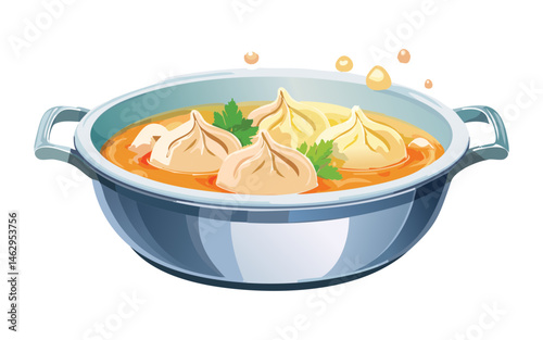 Soup dumplings with broth - vector illustration