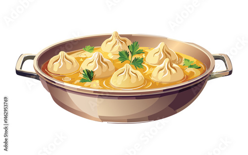 Dumplings in broth served with parsley garnish - vector illustration