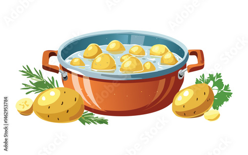 Potatoes cooking in a red stew pot with greenery - vector ilustration