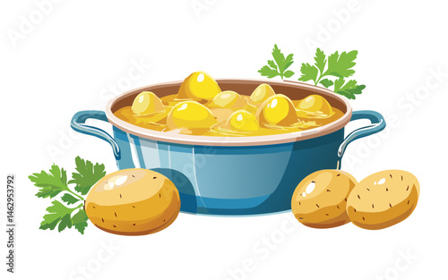 Potatoes simmering in a deep pot - vector illustration
