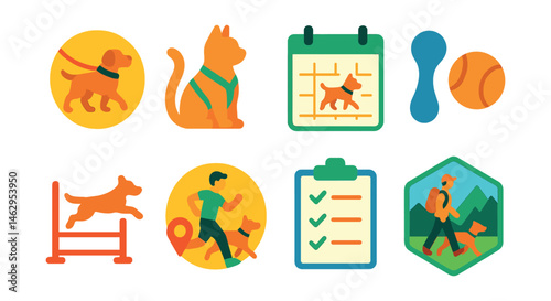 Flat vector icons of pet walking and exercise: dog walking leash badge, cat outdoor harness icon, daily dog park trip planner, interactive fetch toy badge, agility training course icon, jogging with
