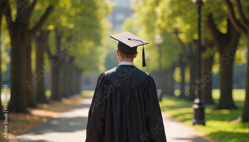 The graduate confidently walks along the path on the university grounds, surrounded by green trees, into the new life