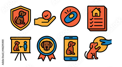 Flat vector icons of pet training and behavior: basic obedience training badge, reward-based training methods icon, positive reinforcement clicker badge, house training checklist, socialization