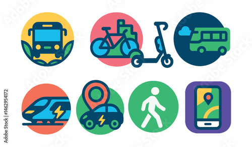 Flat vector icons of alternative mobility: public transport promotion badge, bike-friendly city initiative icon, electric scooter sharing badge, low-emission public buses badge, high-speed electric