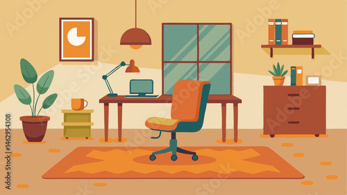 A workspace with a large desk a comfortable office chair and a warmtoned rug on the floor.