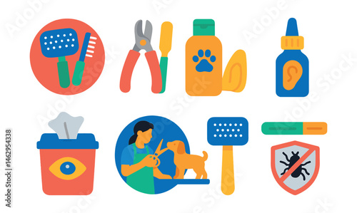 Flat vector icons of pet grooming essentials: grooming brush kit badge, nail trimming set icon, pet shampoo bottle badge, ear cleaning drops, eye care wipes icon, professional grooming session badge,