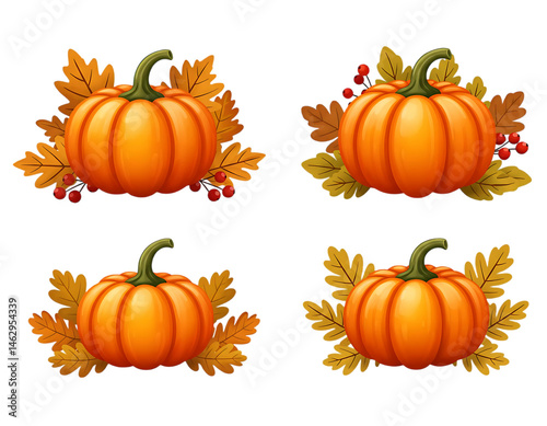 Set of Four Vibrant Autumn Pumpkins Decorated with Fall Leaves and Berries Transparent Isolated Background 