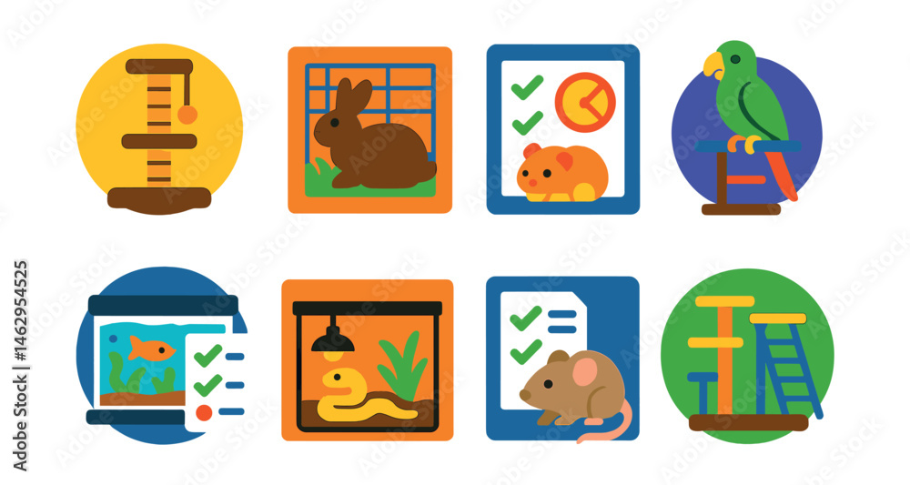 Flat vector icons of indoor pets: cat scratching post badge, indoor rabbit habitat setup, hamster cage care planner, parrot play gym icon, aquarium maintenance checklist badge, reptile terrarium Flat vector icons of indoor pets: cat scratching post badge, indoor rabbit habitat setup, hamster cage care planner, parrot play gym icon, aquarium maintenance checklist badge, reptile terrarium
