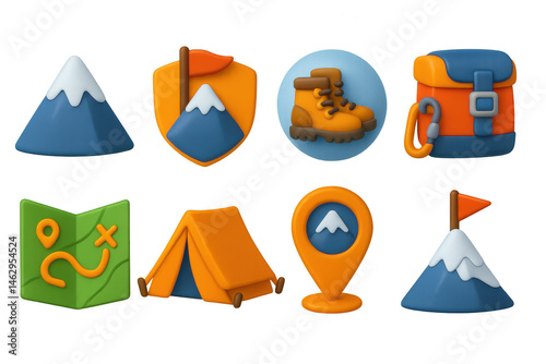 3D icon set of mountain adventures: mountain peak icon, summit flag badge, hiking boots bubble, climbing gear bag, trail map icon, backpacker tent, basecamp marker, snowy peak summit.