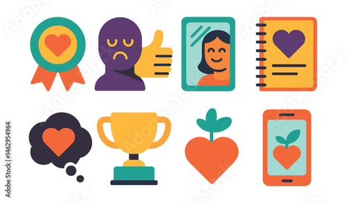 Flat vector icons of self-kindness: self-compassion practices badge, replacing self-criticism with encouragement guide, positive mirror talk exercises badge, forgiving yourself planner, kind thoughts