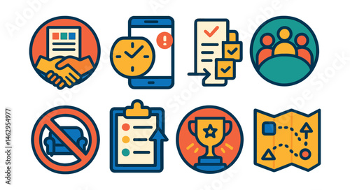 Flat vector icons of stress-free school projects: collaborative project planner badge, stress management during deadlines app, dividing big tasks into smaller goals badge, study group organizer badge