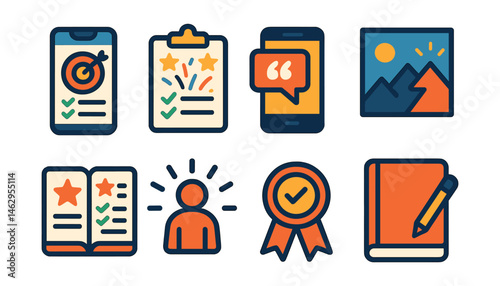 Flat vector icons of self-motivation skills: goal-setting app for teens badge, small wins celebration checklist, motivational quotes reminder app, future vision board badge, personal dreams planner,