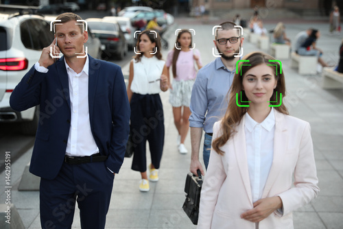 Foto Facial recognition system identifying people on city street, selective focus