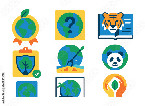 Flat vector icons of global ecological awareness: Earth Day classroom badge, global environment quiz day icon, learning about endangered species badge, protecting the rainforest project planner,