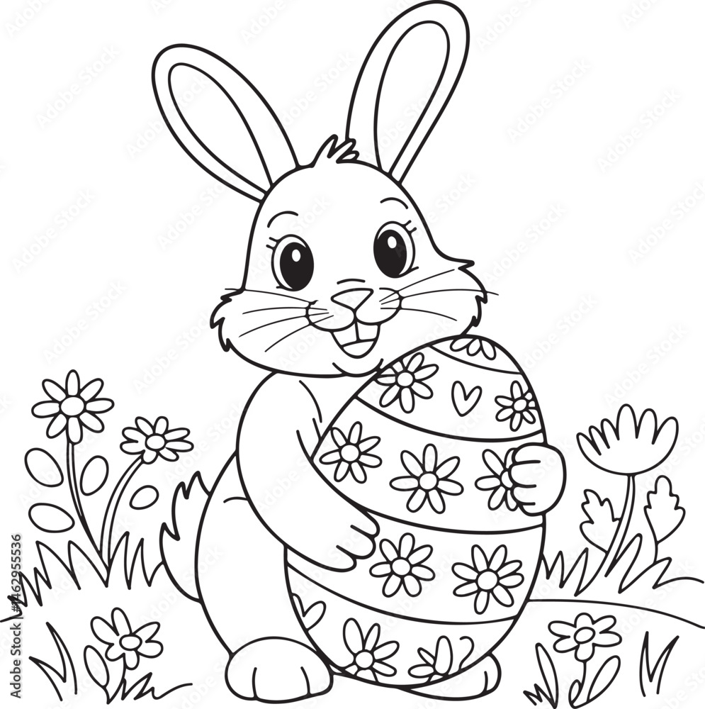 Fototapeta premium Adorable Easter Bunny Holding Decorated Egg in Flowers