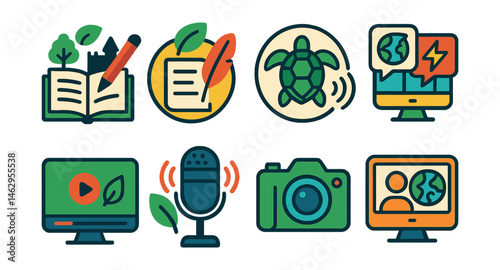 Flat vector icons of environmental storytelling: writing green fairy tales project, eco-themed poetry workshop badge, storytelling about endangered species badge, creating comics about climate change