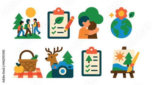 Flat vector icons of celebrating nature: school outdoor excursions badge, nature scavenger hunt planner, tree hugging day badge, world environment day festival badge, picnic in the park activities