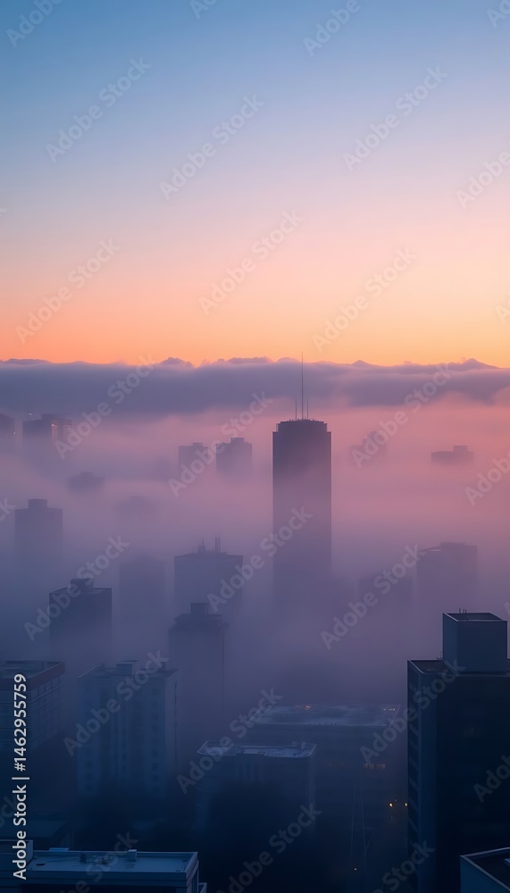 Fototapeta premium foggy city skyline with skyscrapers in the distance