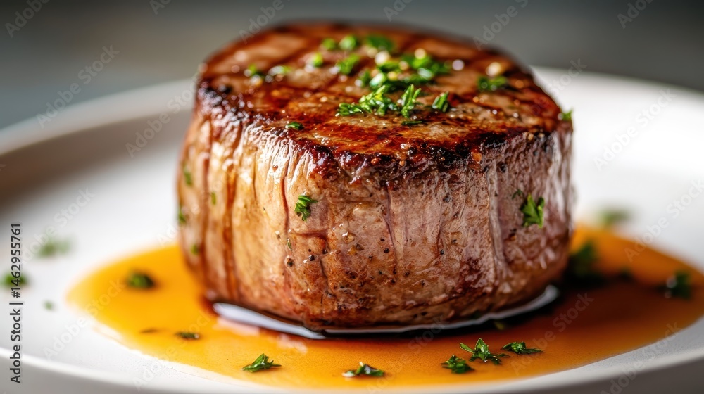 A beautifully cooked filet mignon garnished with fresh herbs, showcasing rich textures, vibrant colors, and a mouthwatering glaze, perfect for gourmet presentations. A beautifully cooked filet mignon garnished with fresh herbs, showcasing rich textures, vibrant colors, and a mouthwatering glaze, perfect for gourmet presentations.