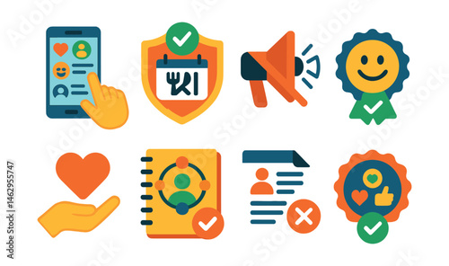 Flat vector icons of mindful social media use: conscious social media scrolling guide, social media fasting challenge badge, muting distractions icon, positive content curation badge, online kindness