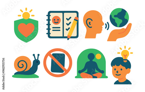 Flat vector icons of mindful parenting habits: teaching gratitude badge, building empathy in kids planner, practicing active listening badge, modeling eco habits badge, choosing slow-paced routines