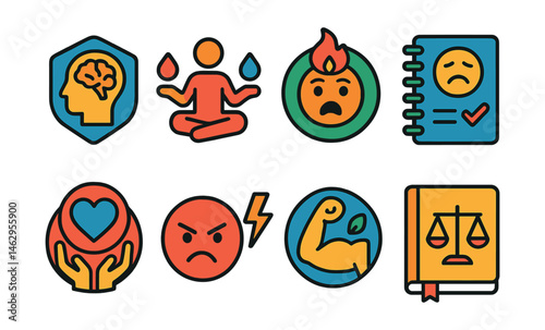 Flat vector icons of emotional balance skills: understanding emotional regulation badge, balanced emotional response exercises, coping with emotional highs badge, managing overwhelming feelings