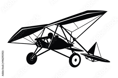 Monochrome vintage ultralight aircraft design shows pilot inside cockpit in solid black and white color