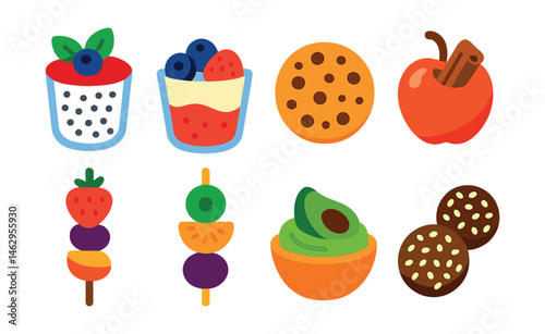 Flat vector icons of healthy desserts: chia pudding, yogurt with berries, oatmeal cookie, baked apple with cinnamon, fruit skewer, dark chocolate square, avocado mousse, date balls.
