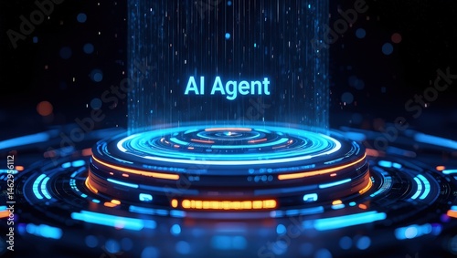 An AI agent hologram symbolizing agentic autonomy for collaboration with the human workforce using autonomous agents to work in business partnership using teamwork 
