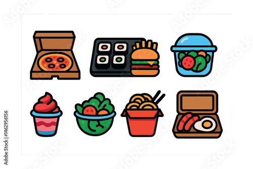 Flat vector icons of meal types for delivery: pizza in box, sushi tray, burger with fries combo, salad bowl with lid, dessert cup, sandwich in wrap, noodle box, breakfast box set.
