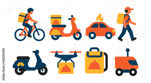 Flat vector icons of delivery transport: bicycle courier with bag, scooter with food crate, car with hot delivery sign, walking courier icon, electric moped, drone with food box, insulated backpack,