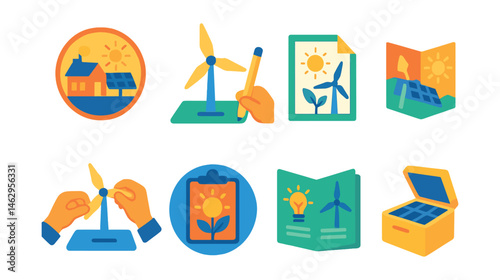 Flat vector icons of renewable energy basics: solar power for schools badge, wind turbine energy model project, renewable energy poster creation badge, visiting a solar farm trip planner, building a