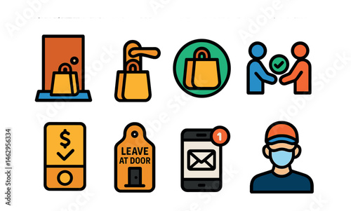 Flat vector icons of contactless delivery: doorstep drop icon, hanging food bag on handle, safe zone placement, no-contact handoff, digital tip screen, leave at door tag, notification sent screen,