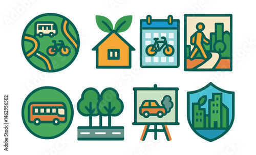Flat vector icons of sustainable city concepts: sustainable transport city map project badge, green roofs awareness day icon, bike lanes education day planner, walkable cities poster contest, public