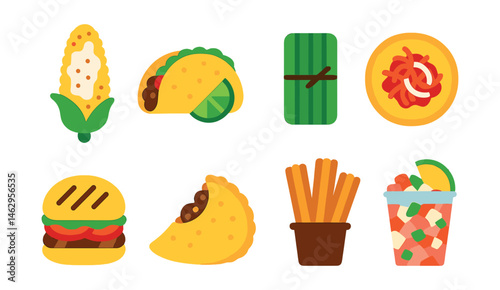 Flat vector icons of Latin American street food: Mexican elote, taco with lime, tamale in leaf, pupusa with toppings, arepa sandwich, empanada half-opened, churros with dip, street ceviche cup.
