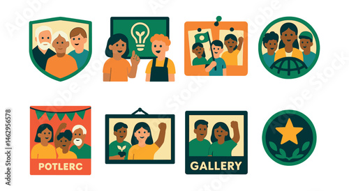 Flat vector icons of environmental heroes: famous conservationists education badge, eco-inventors classroom project, young environmental activists inspiration board, green careers awareness badge,
