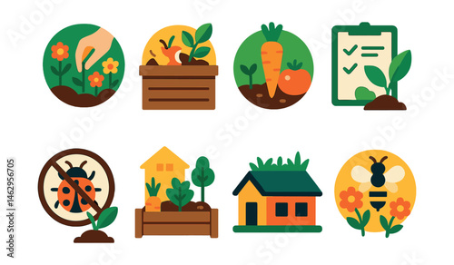 Flat vector icons of eco-friendly gardening: planting wildflowers badge, creating compost at home project badge, organic gardening club badge, eco-gardening workshops planner, natural pest control