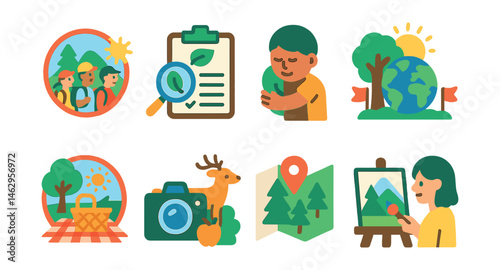 Flat vector icons of celebrating nature: school outdoor excursions badge, nature scavenger hunt planner, tree hugging day badge, world environment day festival badge, picnic in the park activities